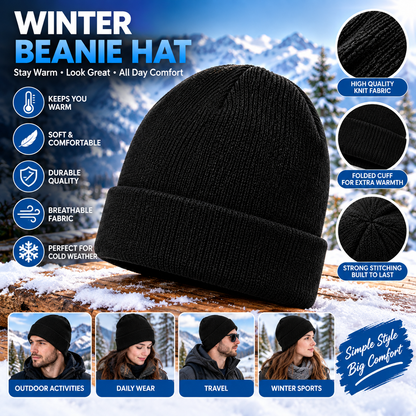 Classic Black Knit Beanie Hat – Unisex Winter Cuffed Skull Cap for Cold Weather