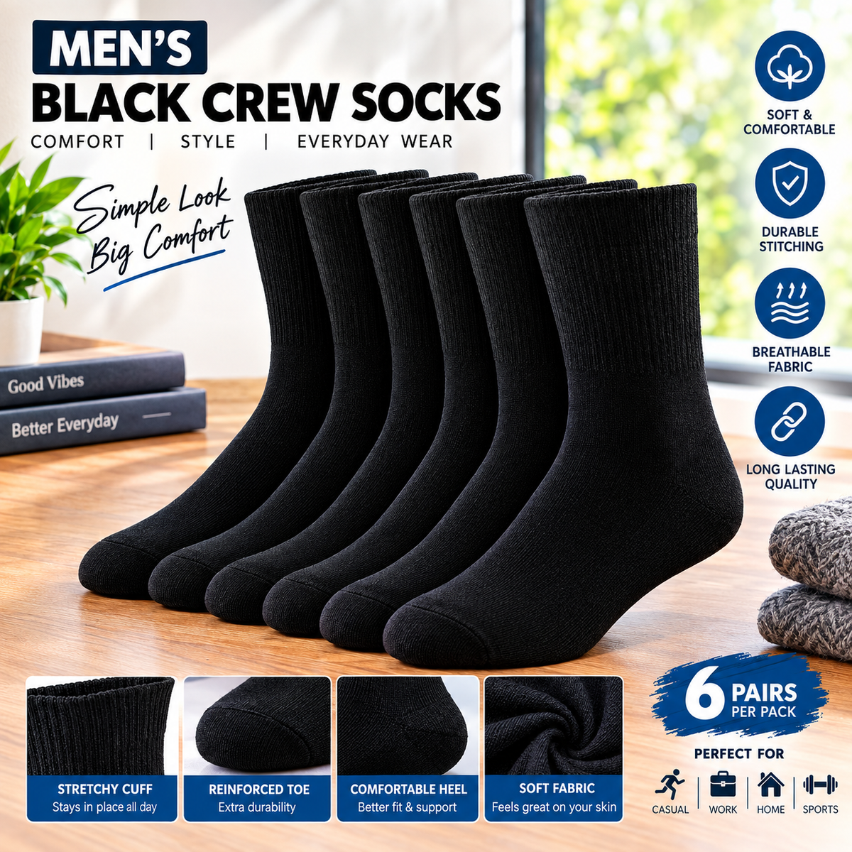 Men’s Black Crew Socks – Classic Cotton-Blend Casual Dress Socks, Multipack