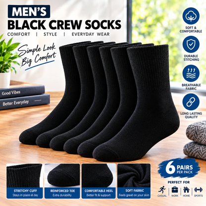 Men’s Black Crew Socks – Classic Cotton-Blend Casual Dress Socks, Multipack